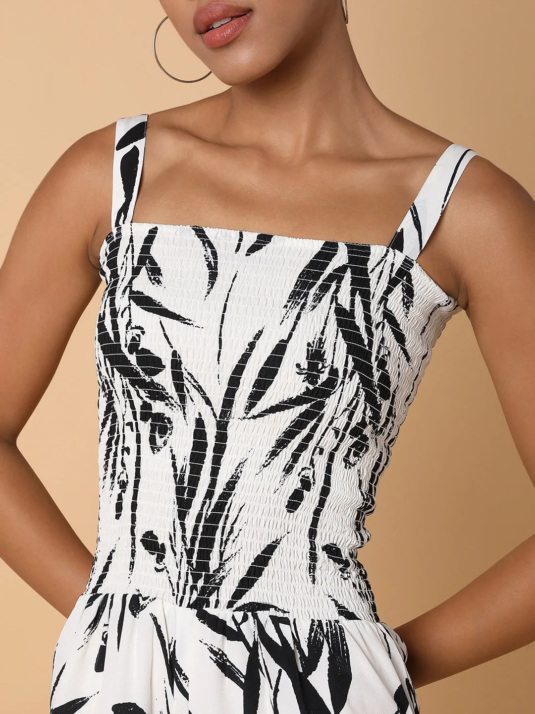 Women Printed Cream Jumpsuit with Shrug