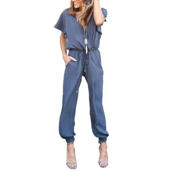 Women Sexy V Neck with Pockets Jumpsuit