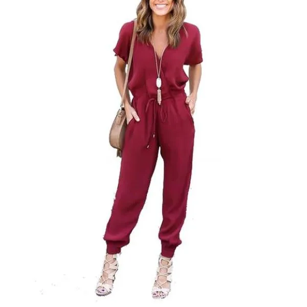 Women Sexy V Neck with Pockets Jumpsuit