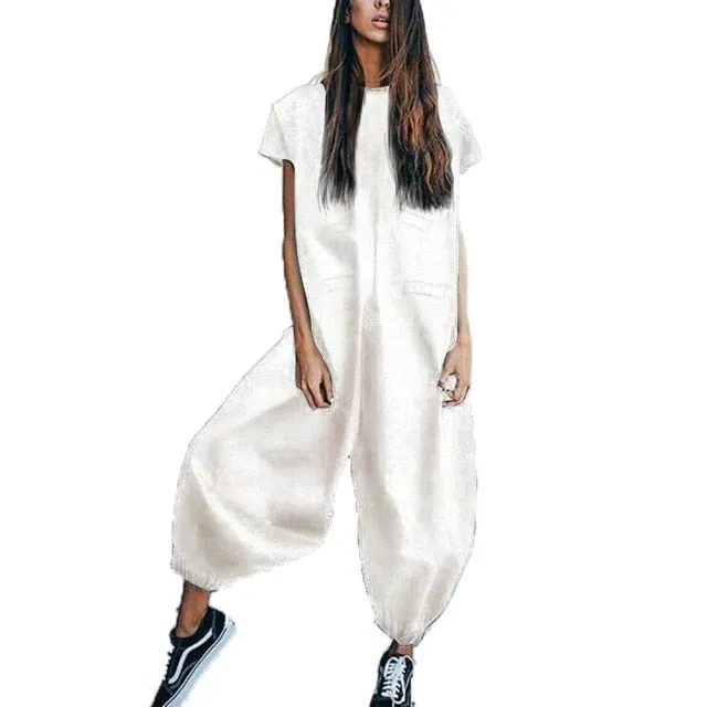 Women Short Sleeve Casual Loose Wide Leg Jumpsuit