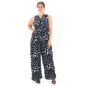 Women's Belted Printed Wide Leg Jumpsuit,Black