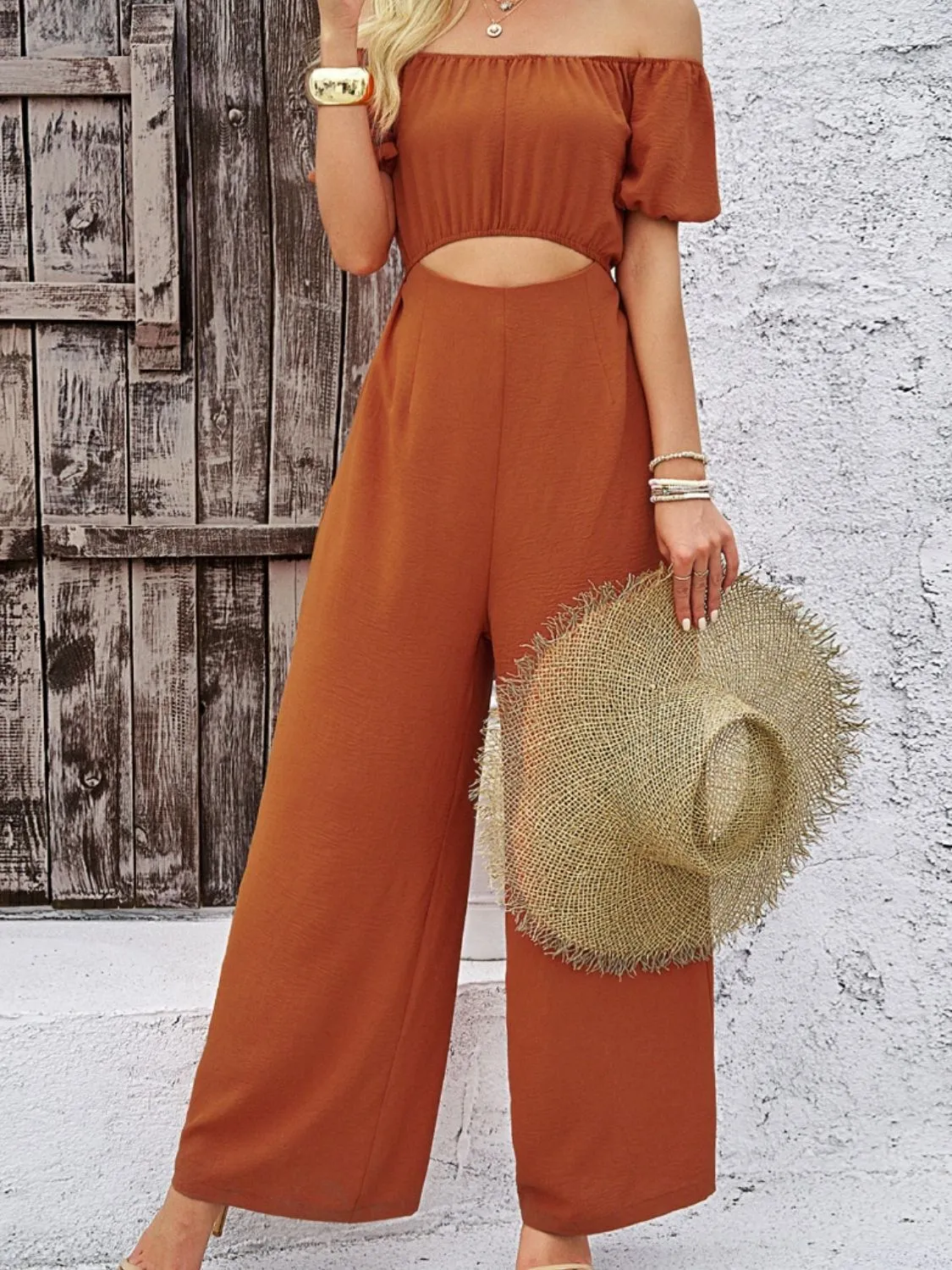 Women's Cutout Jumpsuit - Off Shoulder, Wide Leg, Fashionable Formal Wear