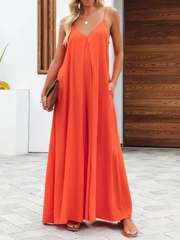 Women's Solid Wide-Leg Jumpsuit - Full-Length Baggy Playsuit