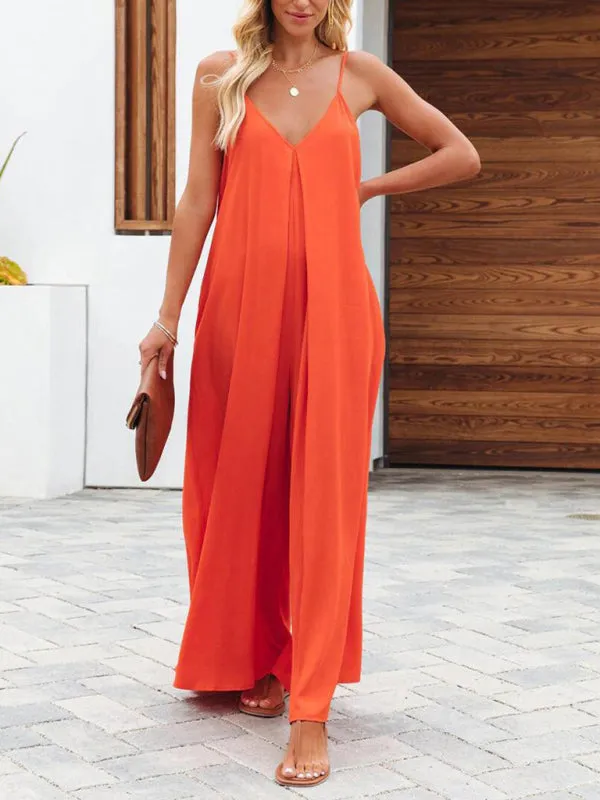 Women's Solid Wide-Leg Jumpsuit - Full-Length Baggy Playsuit