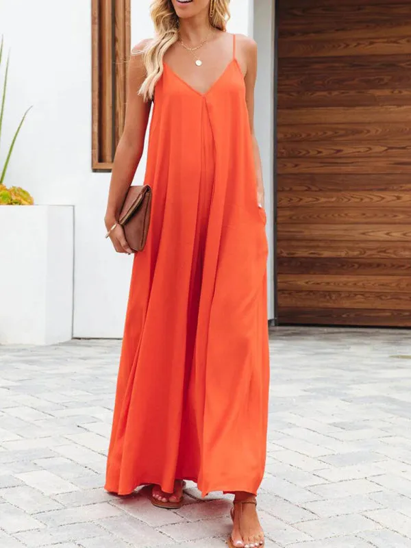 Women's Solid Wide-Leg Jumpsuit - Full-Length Baggy Playsuit