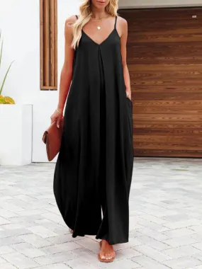 Women's Solid Wide-Leg Jumpsuit - Full-Length Baggy Playsuit