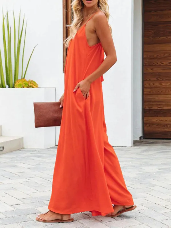 Women's Solid Wide-Leg Jumpsuit - Full-Length Baggy Playsuit