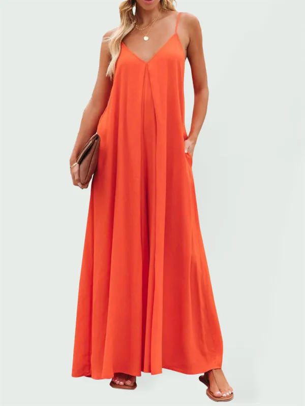 Women's Solid Wide-Leg Jumpsuit - Full-Length Baggy Playsuit
