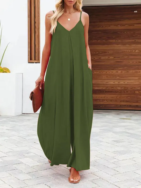 Women's Solid Wide-Leg Jumpsuit - Full-Length Baggy Playsuit