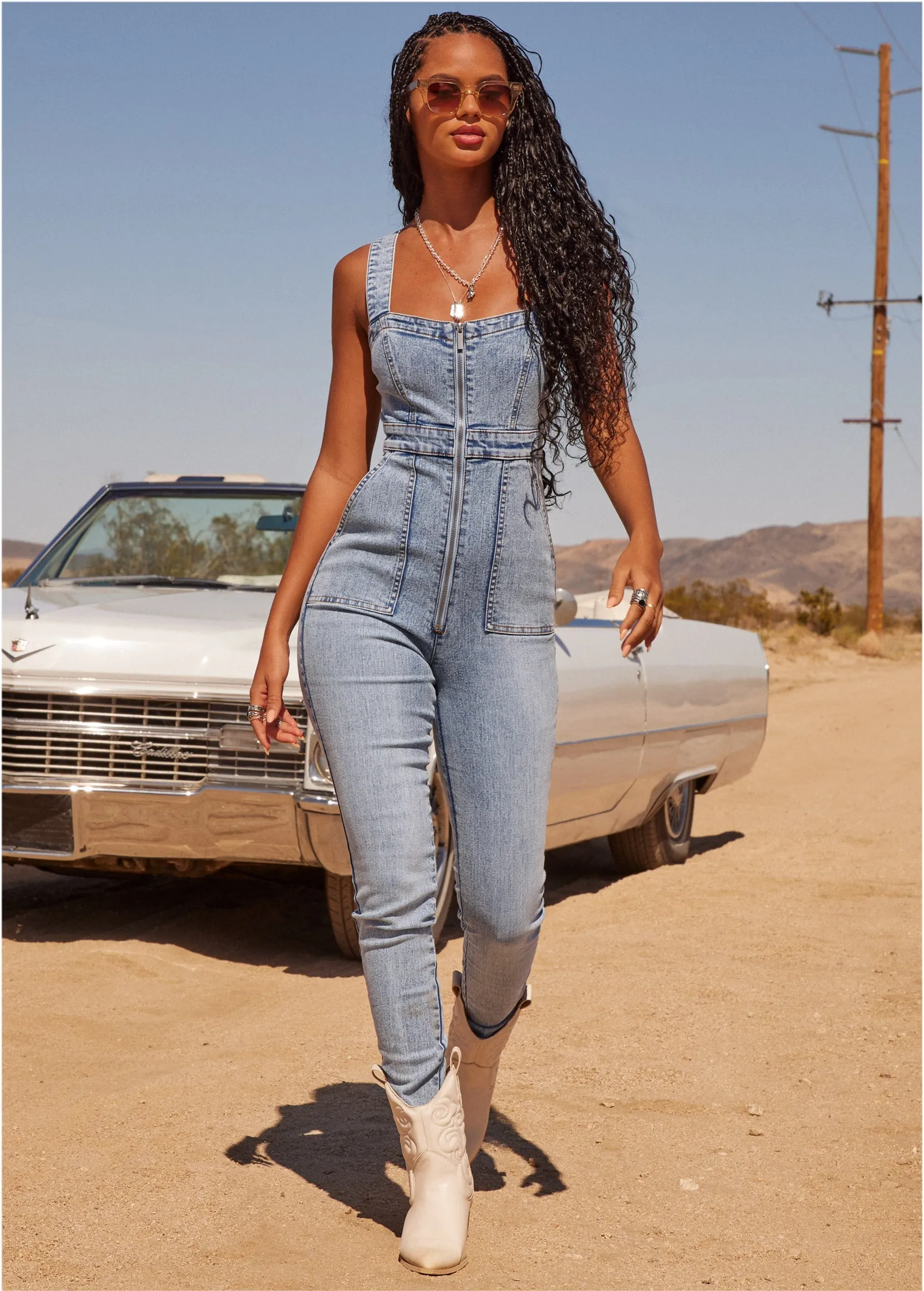 Zip-Front Denim Jumpsuit - Acid Wash