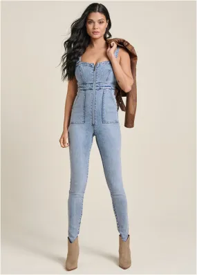 Zip-Front Denim Jumpsuit - Acid Wash