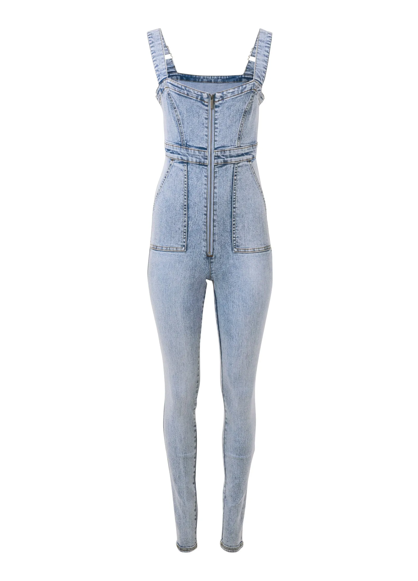 Zip-Front Denim Jumpsuit - Acid Wash