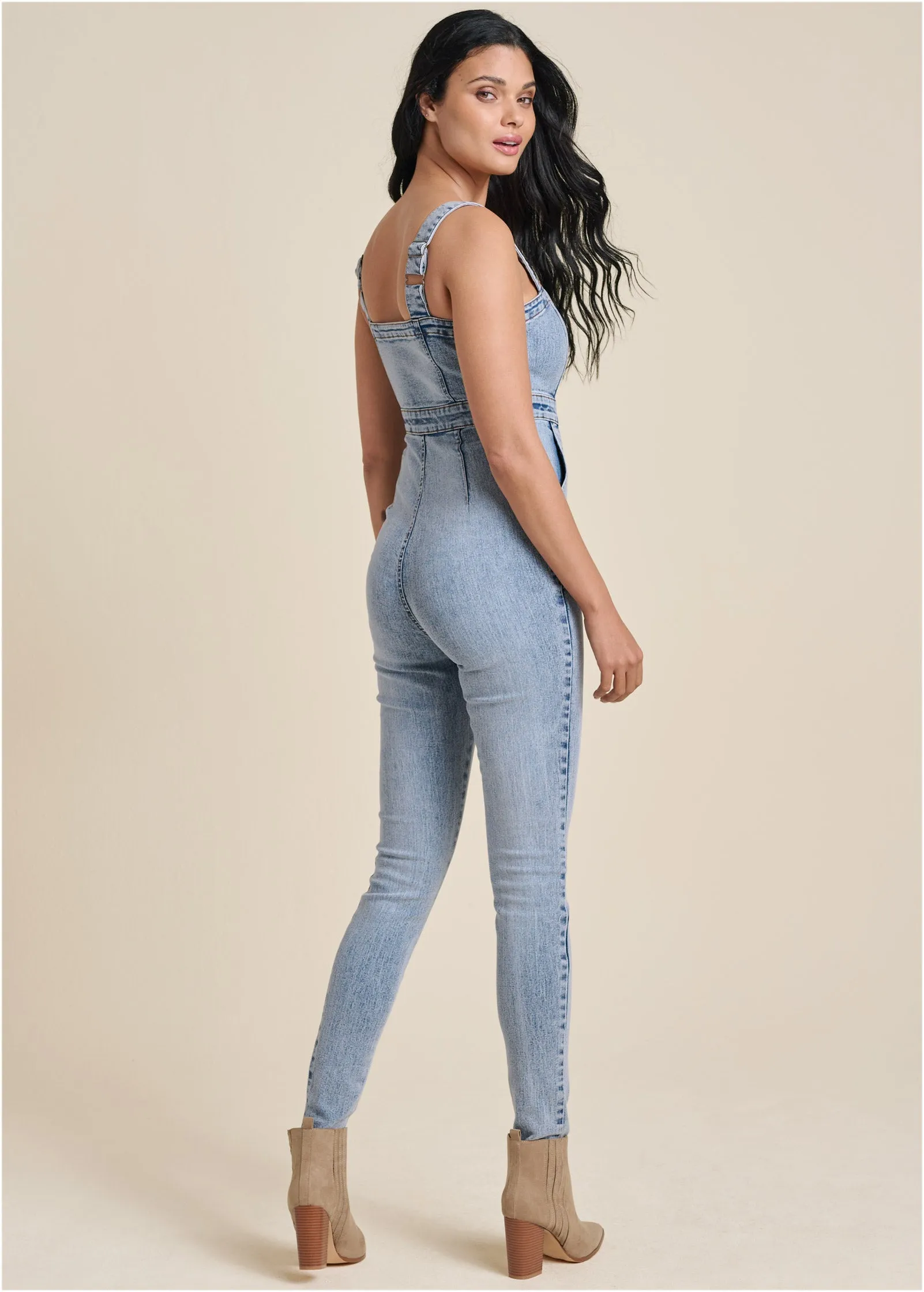 Zip-Front Denim Jumpsuit - Acid Wash