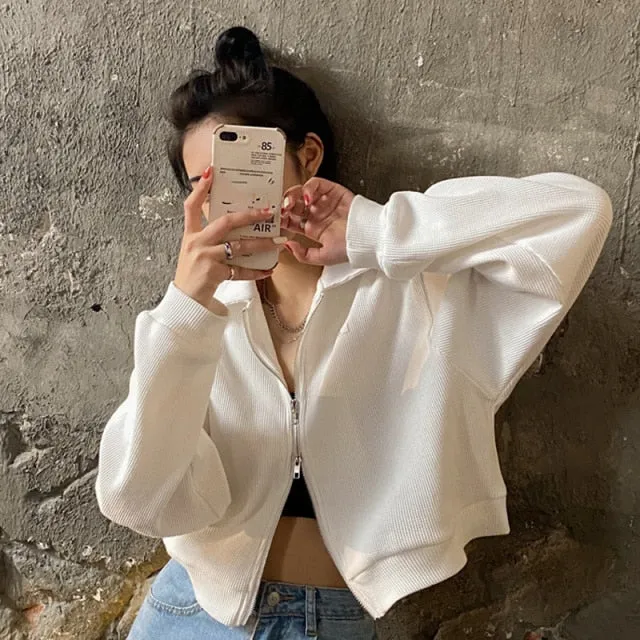 Zipper Sweater for Women | Long Sleeve Sweater | Women Turn down Collar Zip up Sweater | Short Sweater jacket | Zip up knitted short jacket
