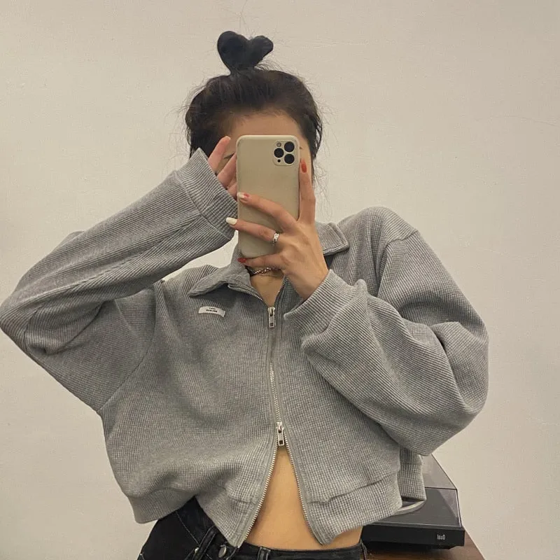 Zipper Sweater for Women | Long Sleeve Sweater | Women Turn down Collar Zip up Sweater | Short Sweater jacket | Zip up knitted short jacket