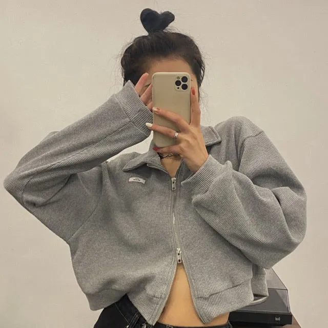 Zipper Sweater for Women | Long Sleeve Sweater | Women Turn down Collar Zip up Sweater | Short Sweater jacket | Zip up knitted short jacket
